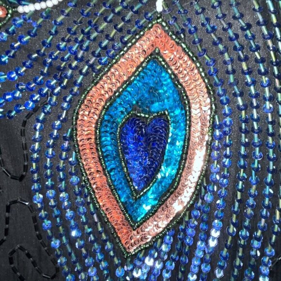 LAWRENCE KAZAR NEW YORK Beaded Top Black Peacock Design 100% Silk Plus Size 2X - Picture 4 of 16